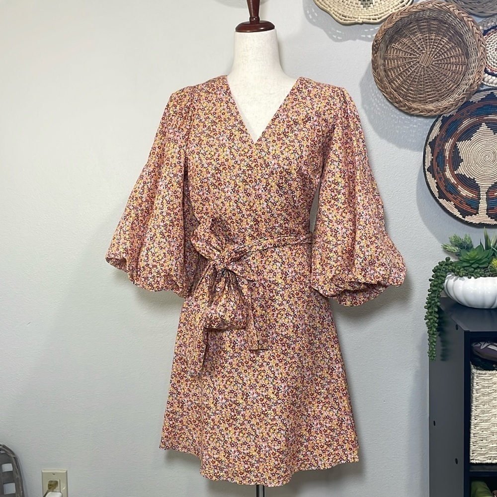 Minkpink Morwell Wrap Mini Dress Small Flower Design Orange Pink Yellow Large